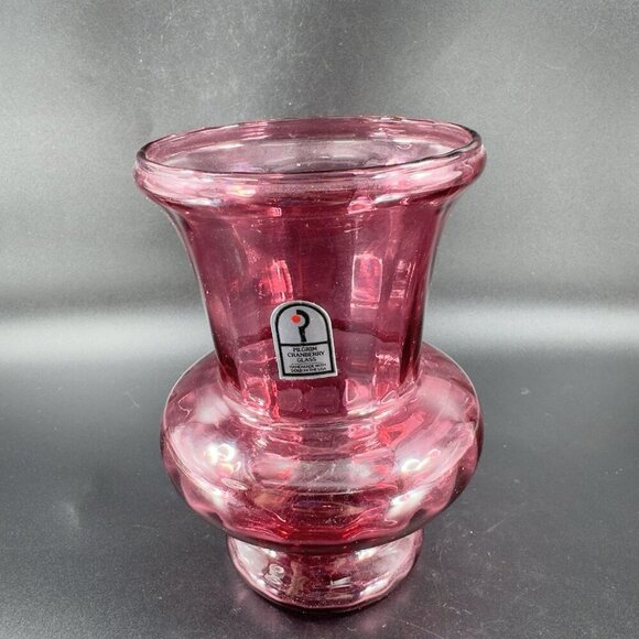 Vintage Pilgrim Cranberry Glass Vase Footed Hurricane Vase Made With Gold USA - Picture 10 of 12